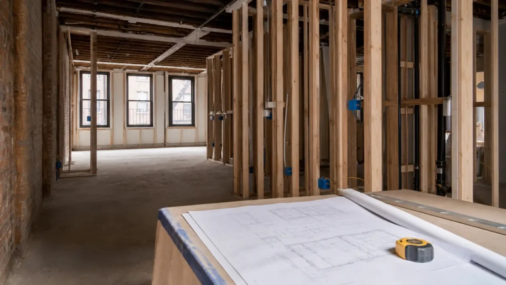 NYC pre-war apartment stripped to framing during a professional gut renovation