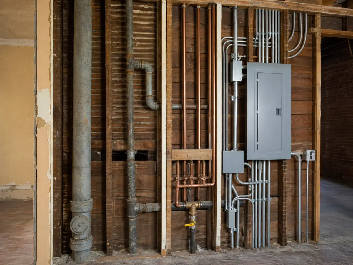 Old galvanized pipes beside new plumbing and electrical systems in a pre-war apartment