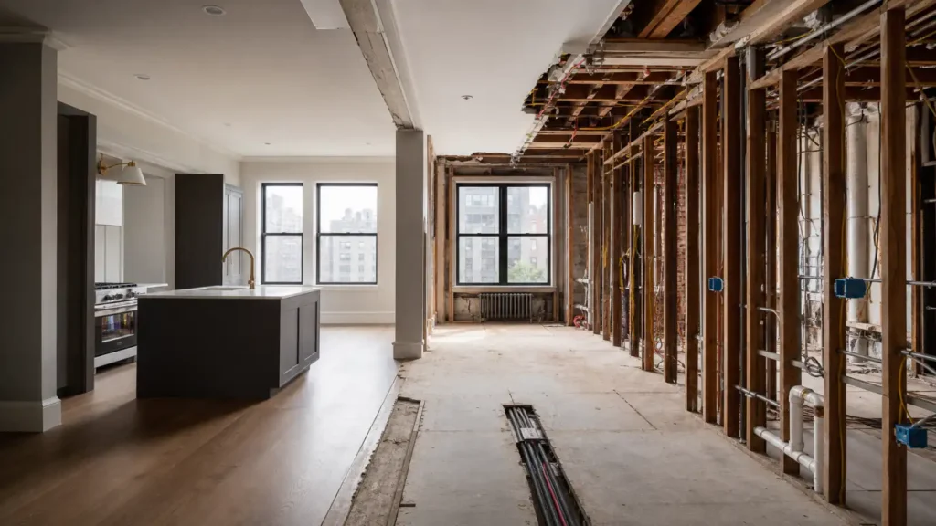 Standard renovation and full gut renovation shown within one Manhattan apartment project