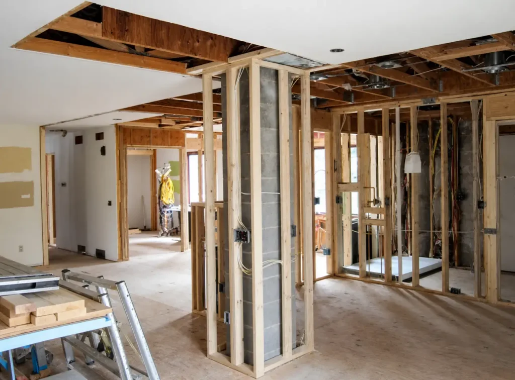 Exposed framing and building systems during the Hampton Bay two-house renovation