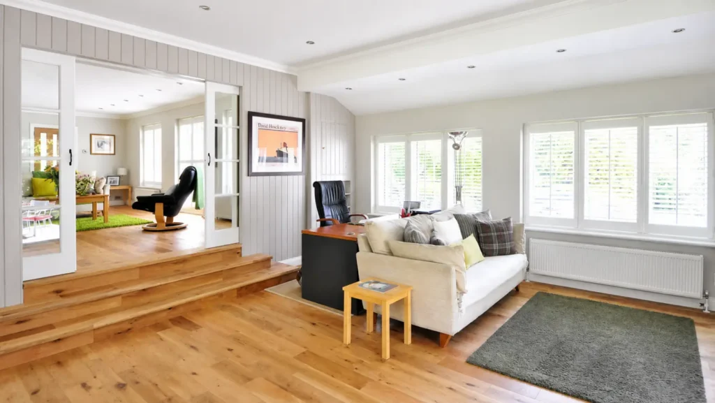 Bright completed living area in a Hampton Bay two-house renovation