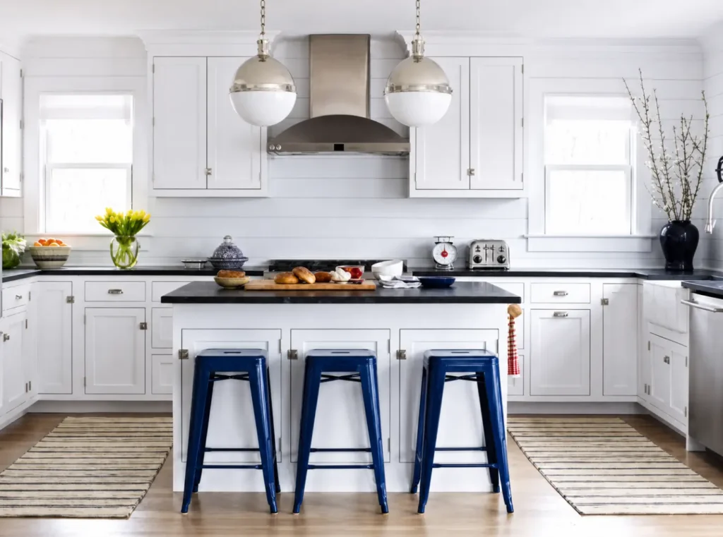 Completed white kitchen with island and blue stools in the Hampton Bay renovation