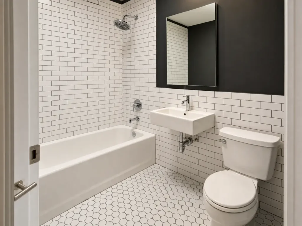 Completed compact Long Island City bathroom with subway tile, hexagon floor, tub, sink, and toilet
