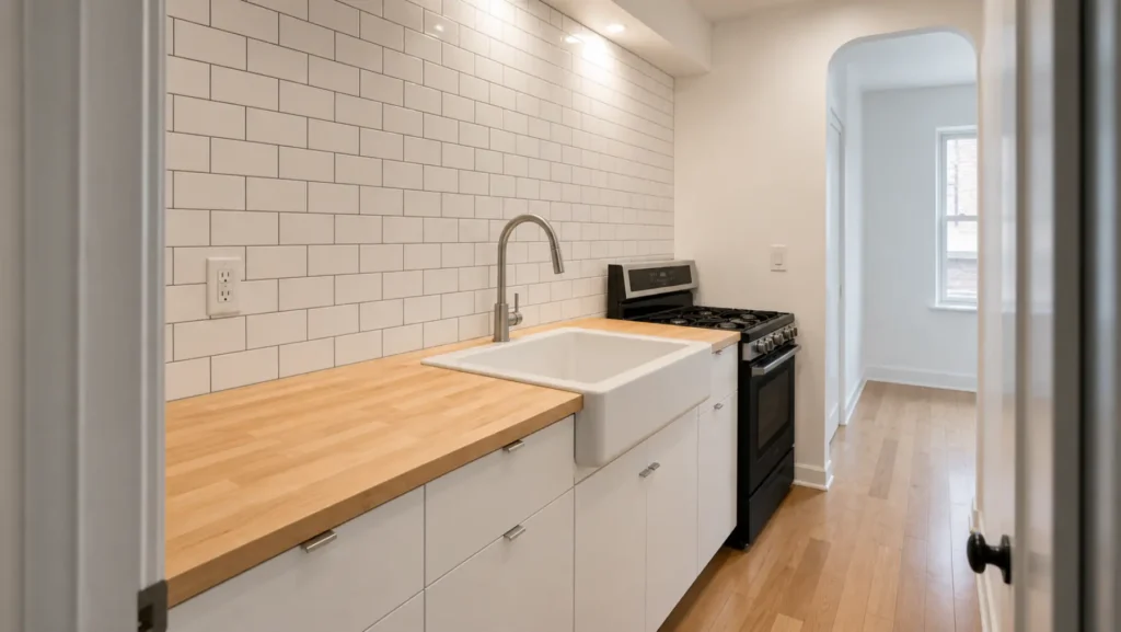 Completed Long Island City galley kitchen with white cabinets, butcher-block counter, farmhouse sink, and subway tile