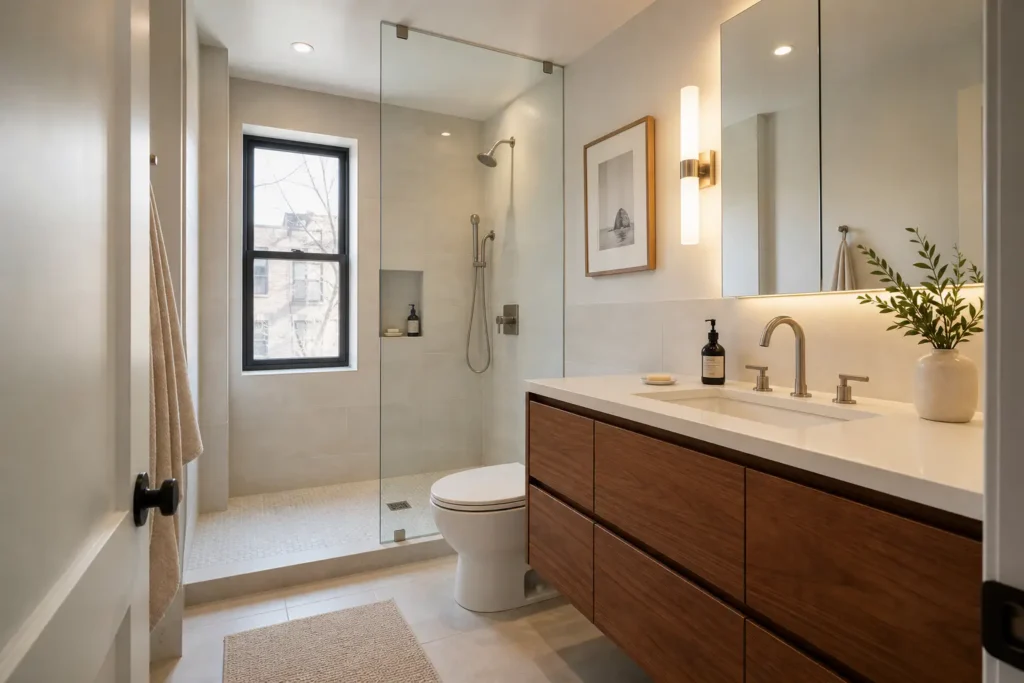 Completed modern bathroom renovation design for a compact New York City apartment