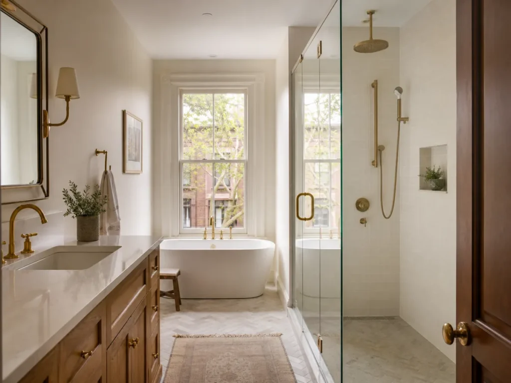 Renovated bathroom with warm wood and brass details in a Park Slope brownstone