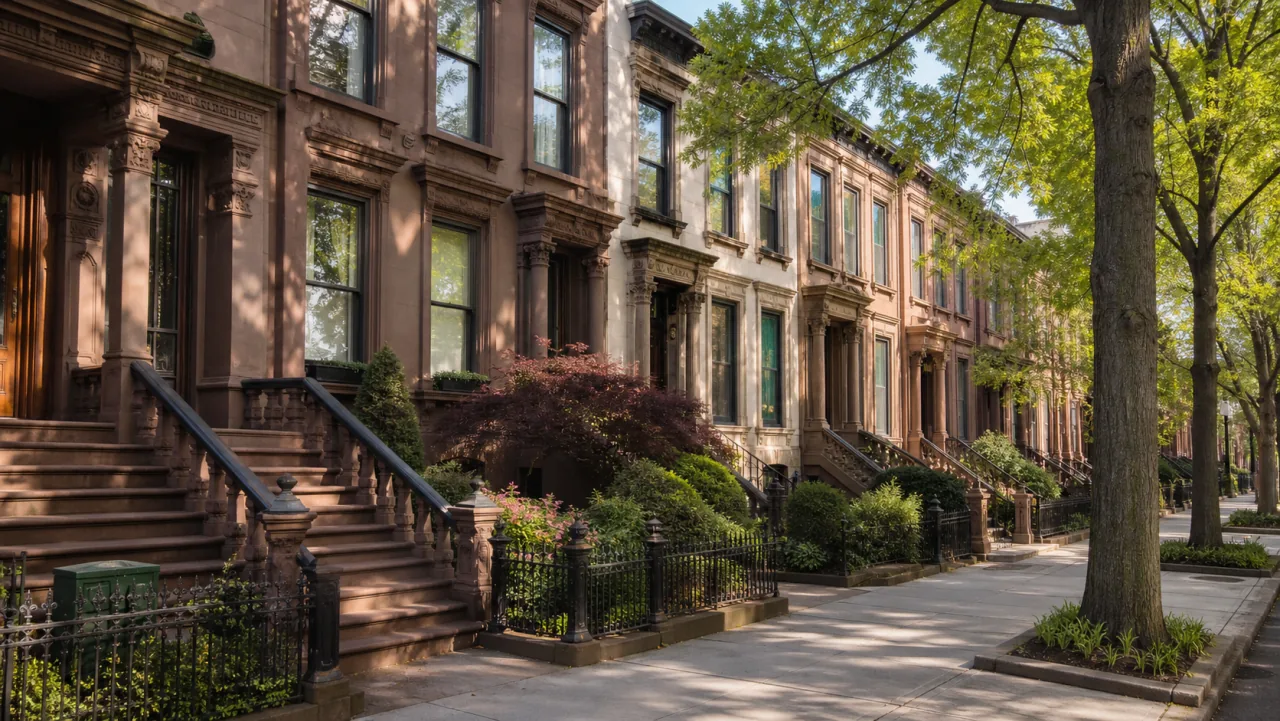 Historic brownstone and limestone townhouses on a tree-lined Park Slope block
