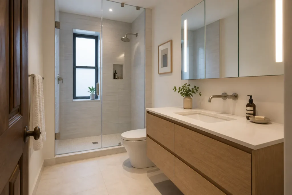Modern Park Slope bathroom renovation with a walk-in shower and floating oak vanity