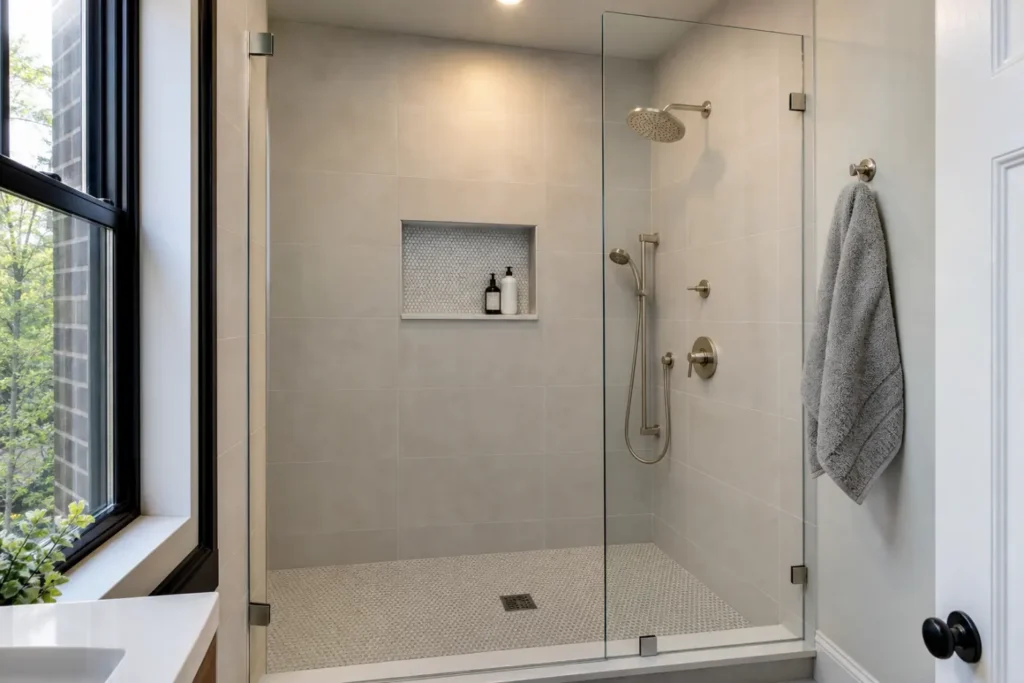 Frameless walk-in shower with porcelain tile and recessed niche in a Park Slope bathroom