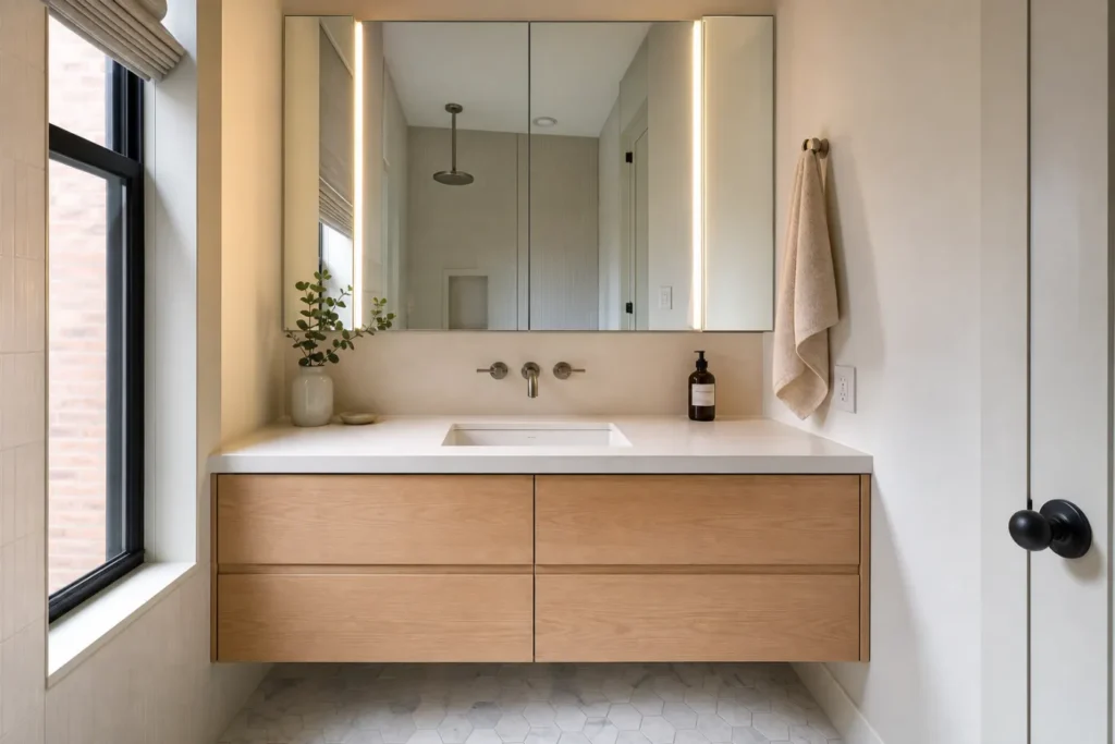 Floating oak vanity with integrated mirror lighting in a modern Park Slope bathroom