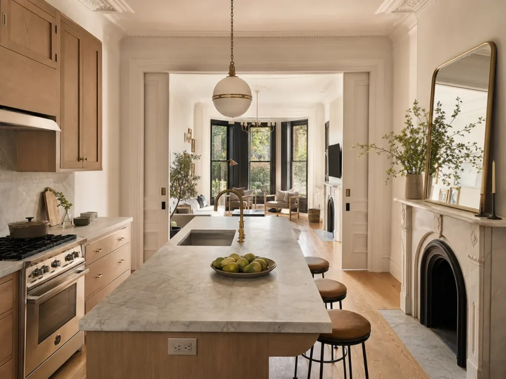 Renovated Park Slope parlor floor with a modern kitchen and restored historic details