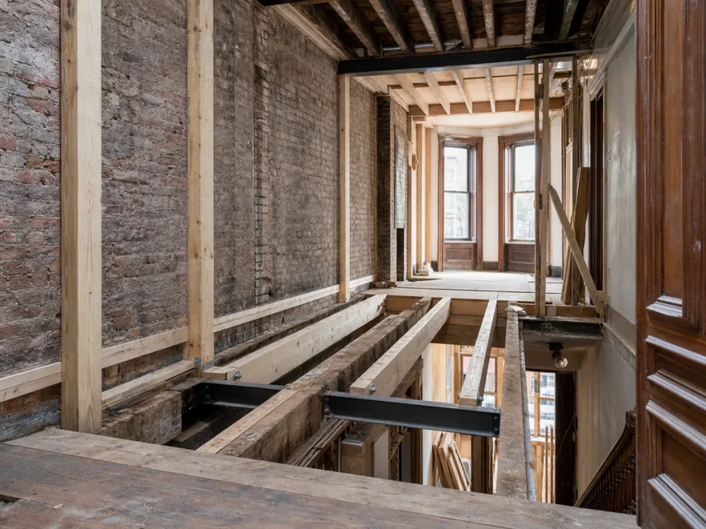 Structural joist repair and steel reinforcement inside a Park Slope brownstone