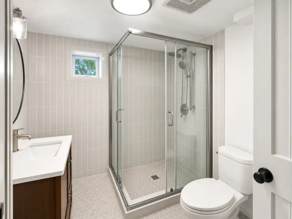 Glass shower enclosure, ventilation, hex tile, and plumbing fixtures in the completed post-fire rebuild