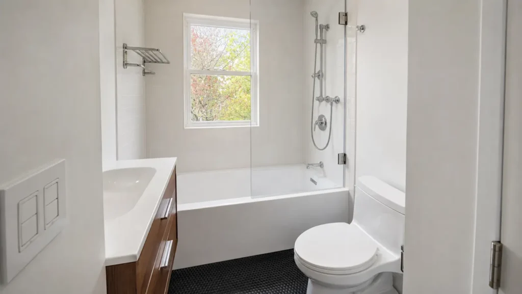 Completed tub bathroom after a post-fire residential rebuild in the New York City area