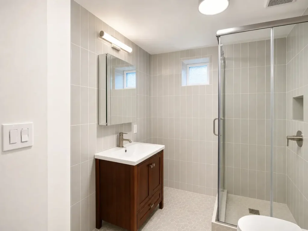 Completed shower bathroom with wood vanity, mirrored cabinet, and light tile after fire restoration