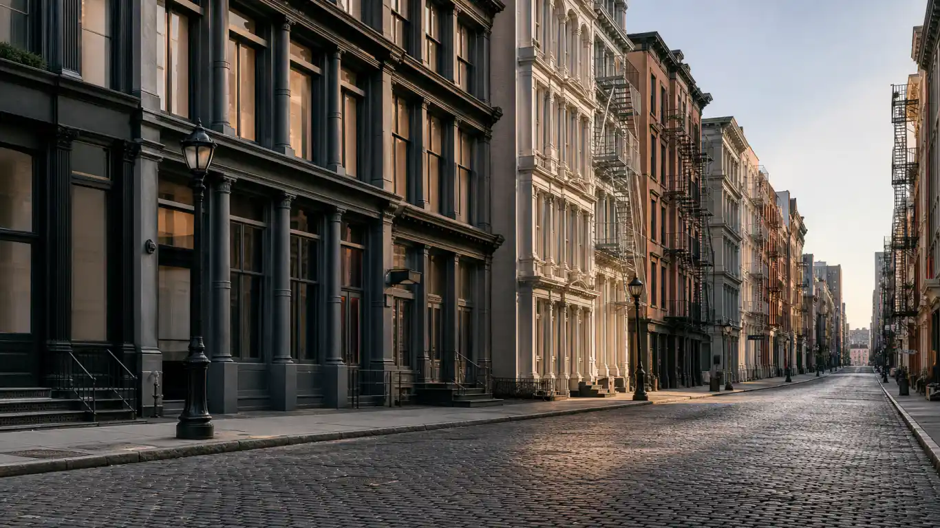 Historic cast-iron loft buildings along a cobblestone street in SoHo, Manhattan