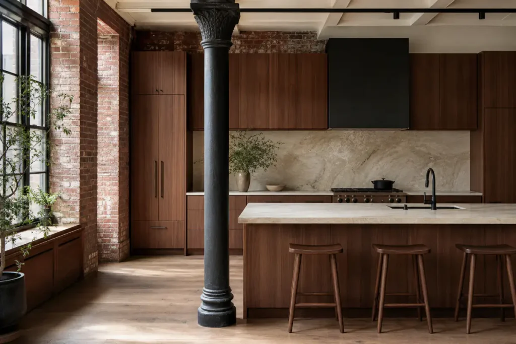 Custom walnut kitchen integrated around an original cast-iron column in a SoHo loft