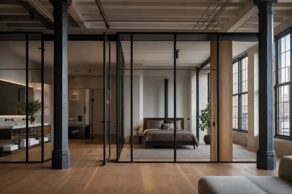 Glass-partitioned bedroom and bathroom preserving the open character of a SoHo loft