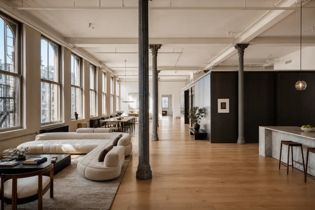 Completed SoHo loft residence with original cast-iron columns and an open floor plan