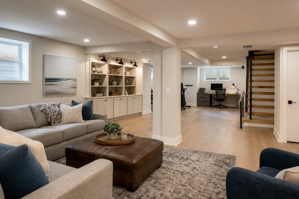 Finished Staten Island basement renovated as a bright family room and home office with built-in storage