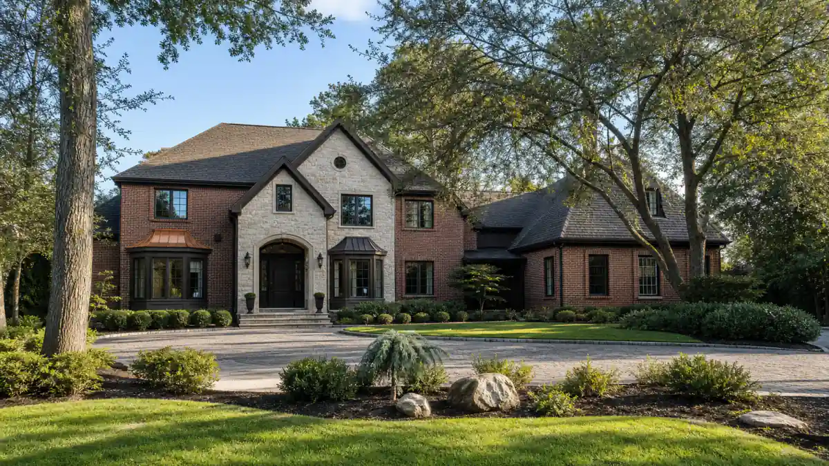 Large detached Todt Hill home on Staten Island with brick and stone exterior and a landscaped private lot