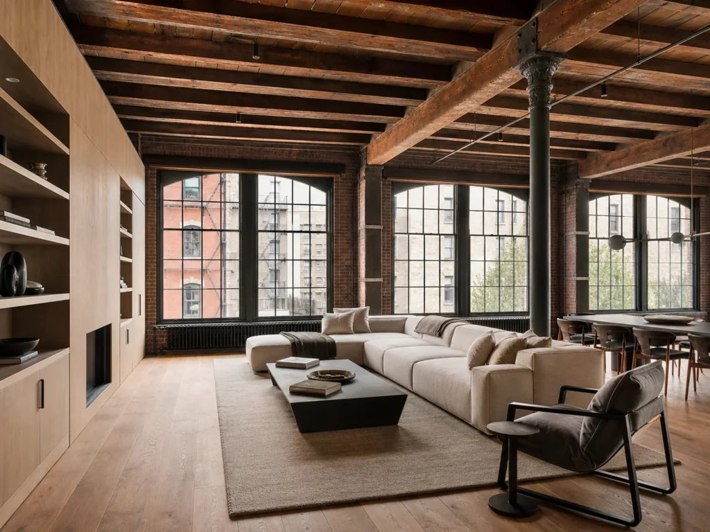 Renovated Tribeca loft living room with exposed brick and timber beams