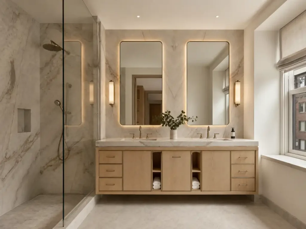 Luxury Upper East Side bathroom with natural stone, a custom oak vanity, and a walk-in shower