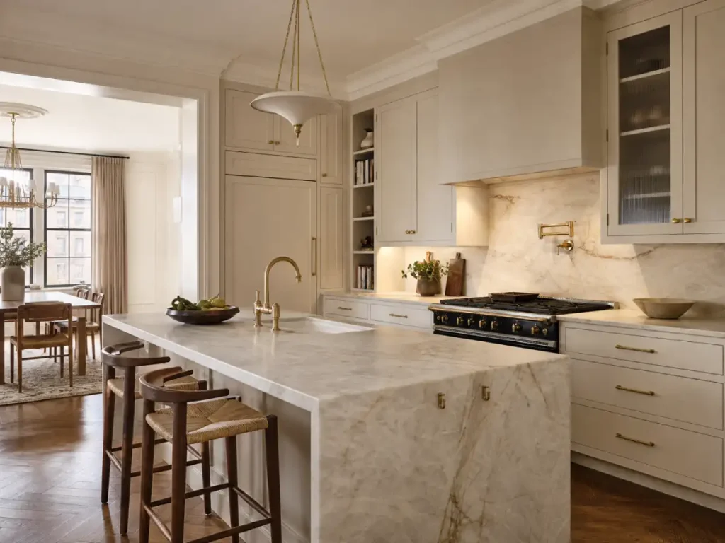 Custom Upper East Side kitchen with inset cabinetry, a natural-stone island, and integrated appliances