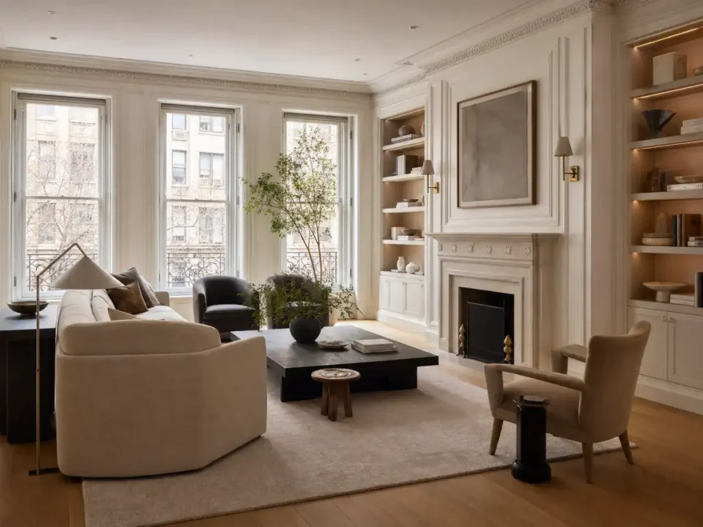 Renovated Upper East Side pre-war co-op living room with custom millwork and a limestone fireplace