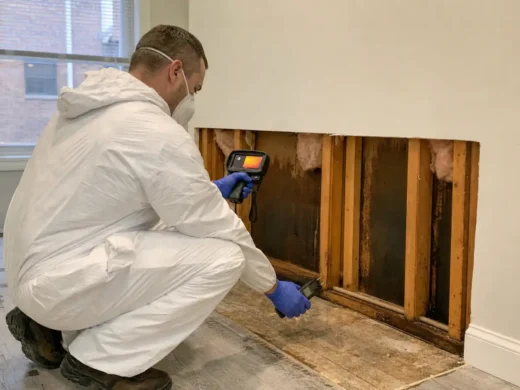 Water restoration specialist mapping hidden moisture in a Brooklyn townhouse wall