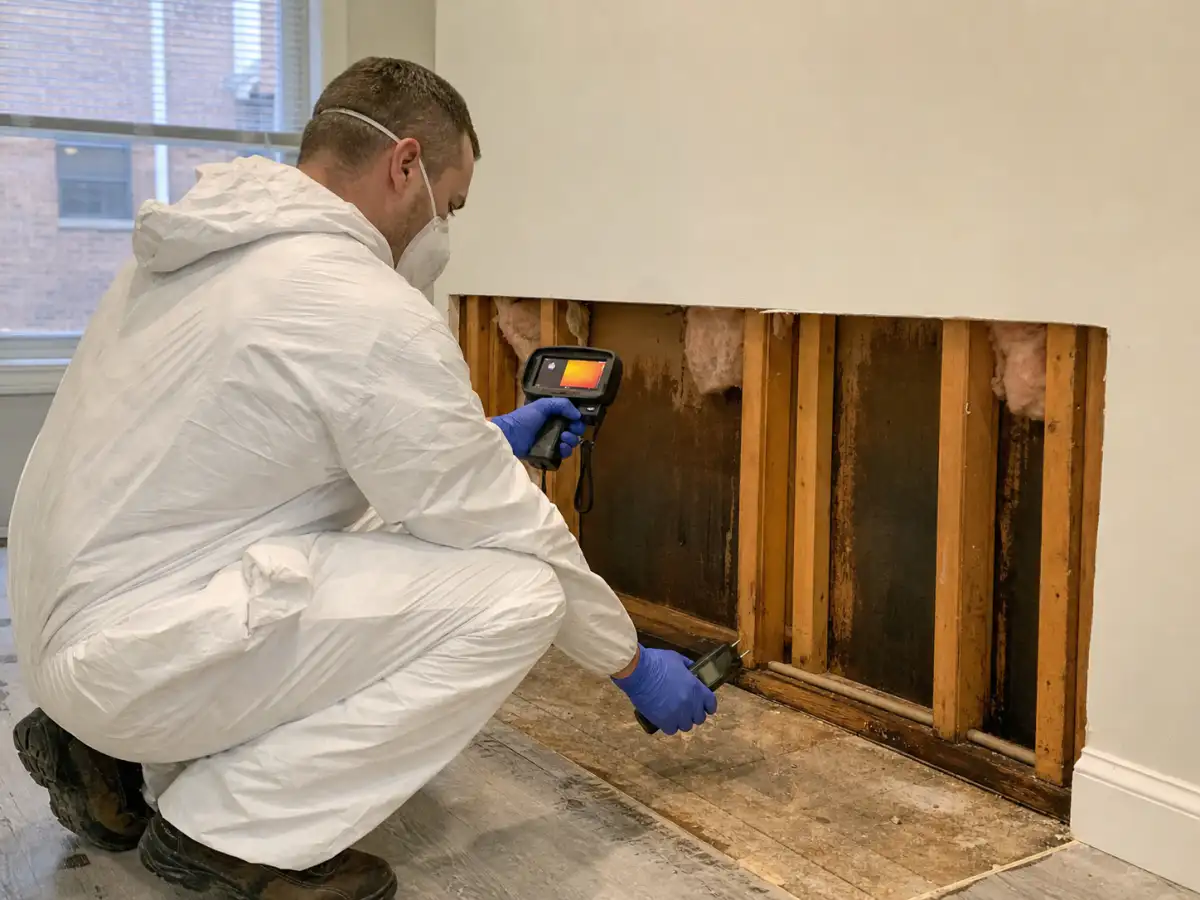 Water restoration specialist mapping hidden moisture in a Brooklyn townhouse wall