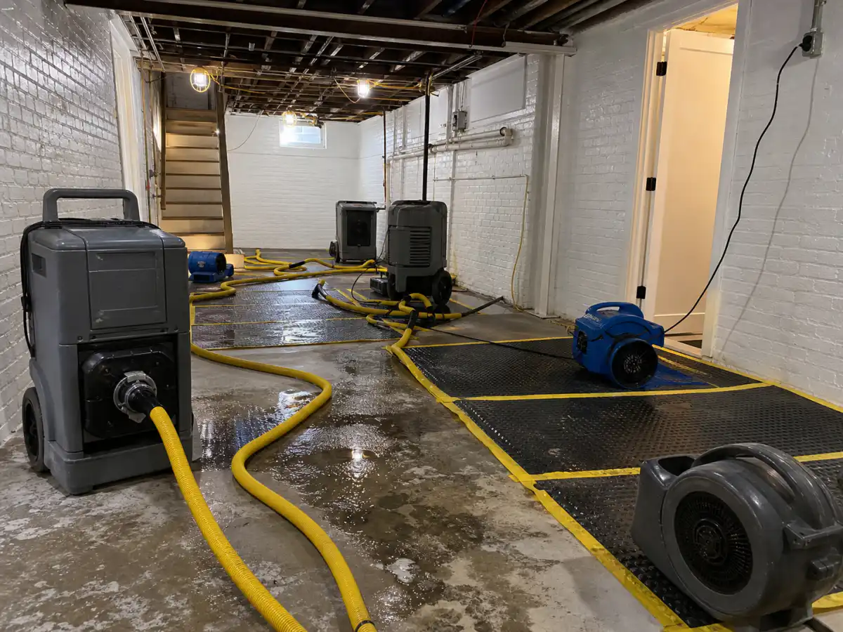 Professional extraction equipment and air movers drying a flooded Brooklyn basement