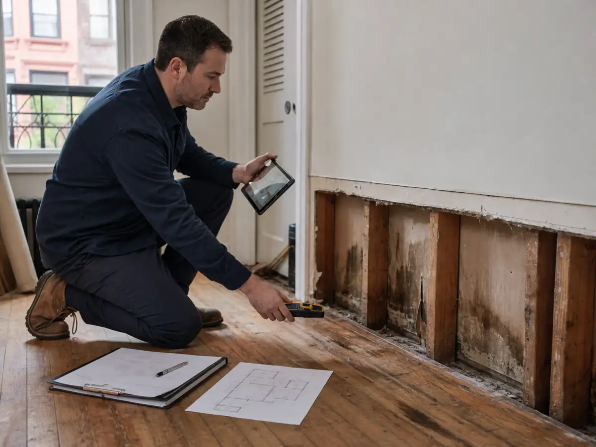 Project manager documenting water damage and moisture readings for insurance