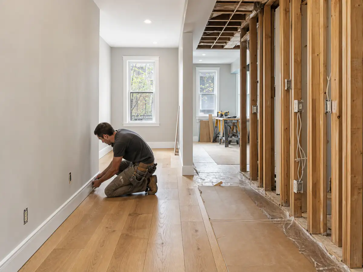Contractor rebuilding drywall, electrical, trim, and flooring after water damage