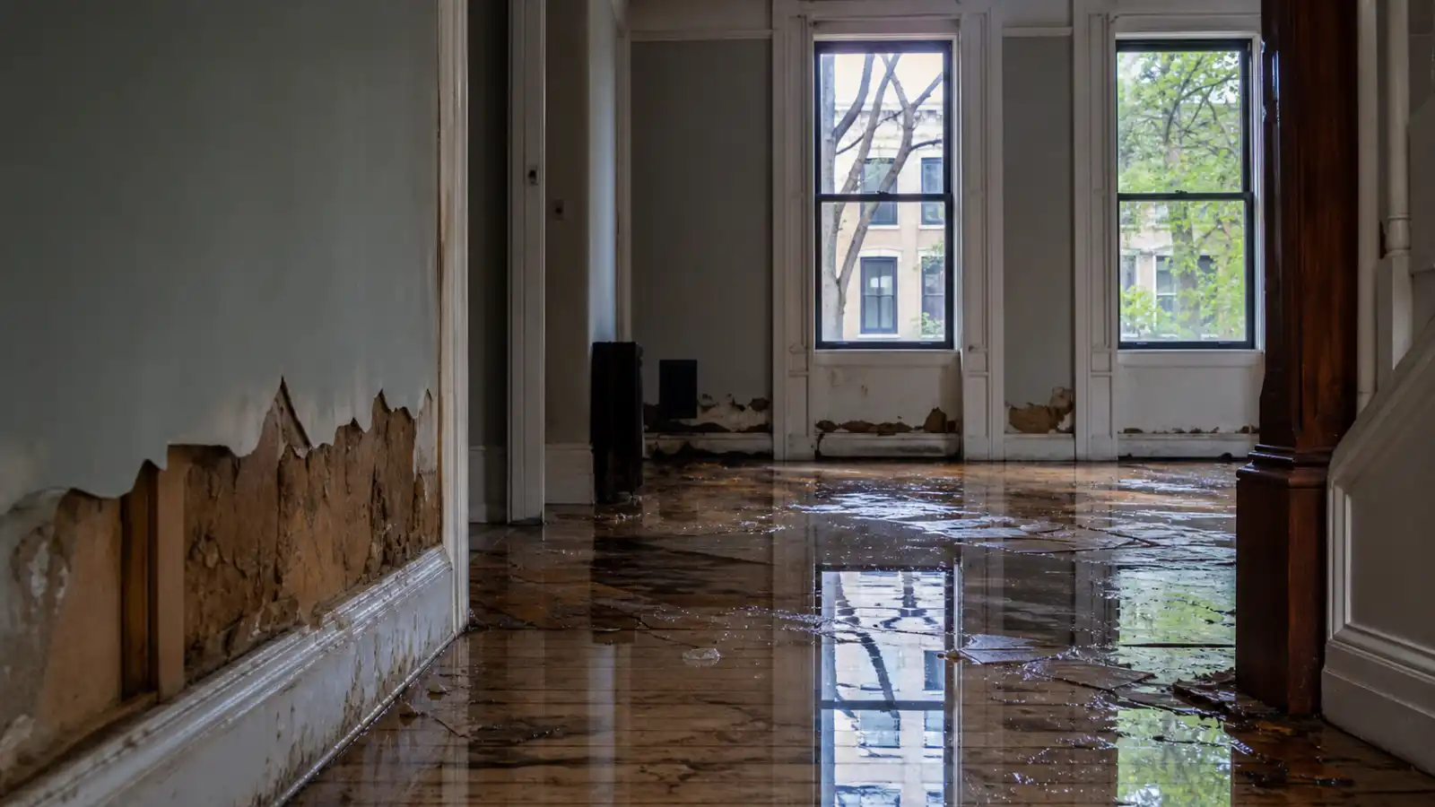 Water-damaged New York townhouse interior prepared for emergency assessment
