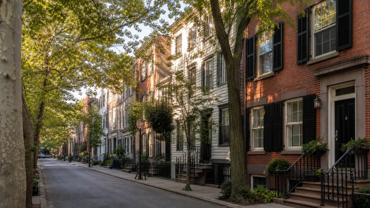 Historic brick and wood-frame townhouses on a tree-lined West Village street