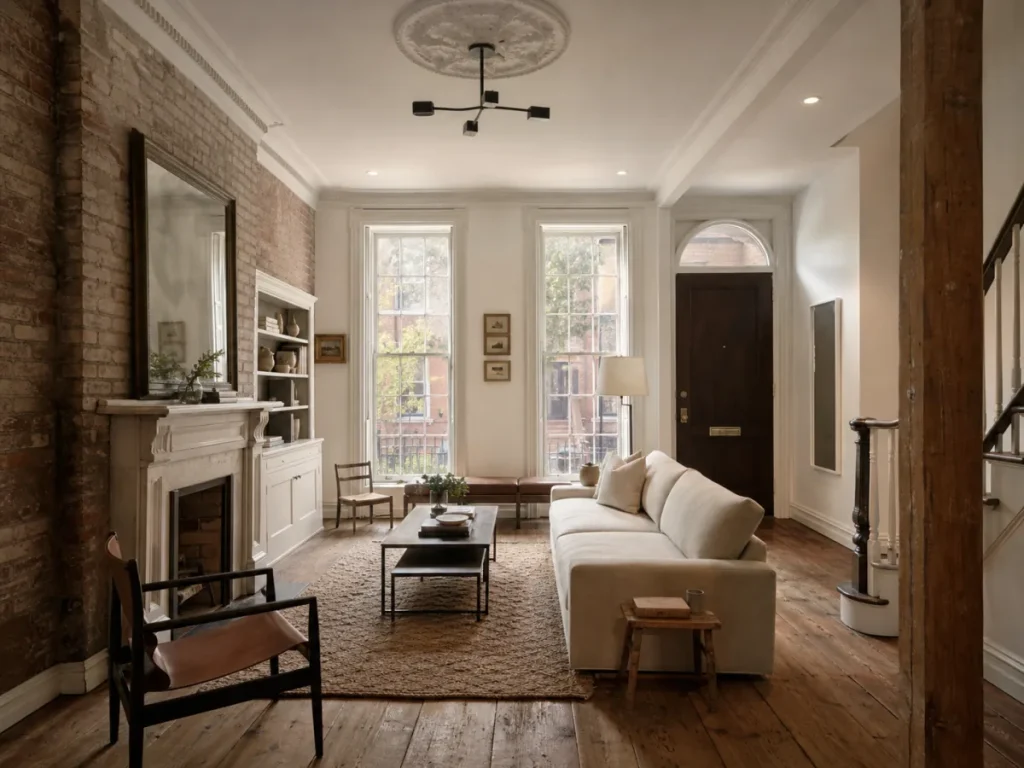 Renovated West Village living room with preserved brick, wide-plank flooring, and original molding