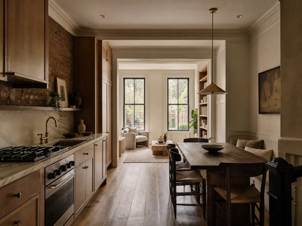 Narrow West Village townhouse kitchen with warm wood cabinetry and preserved brick