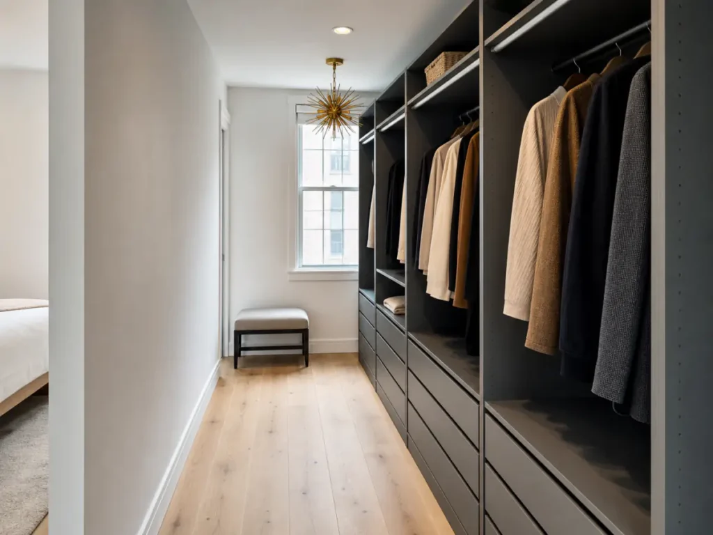 Completed Williamsburg bedroom dressing area with full-height charcoal wardrobe and brass lighting