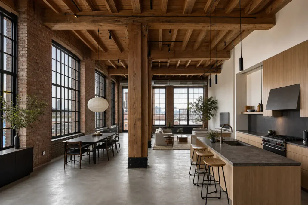 Converted Williamsburg industrial loft with exposed brick, timber structure, factory windows, and an open kitchen