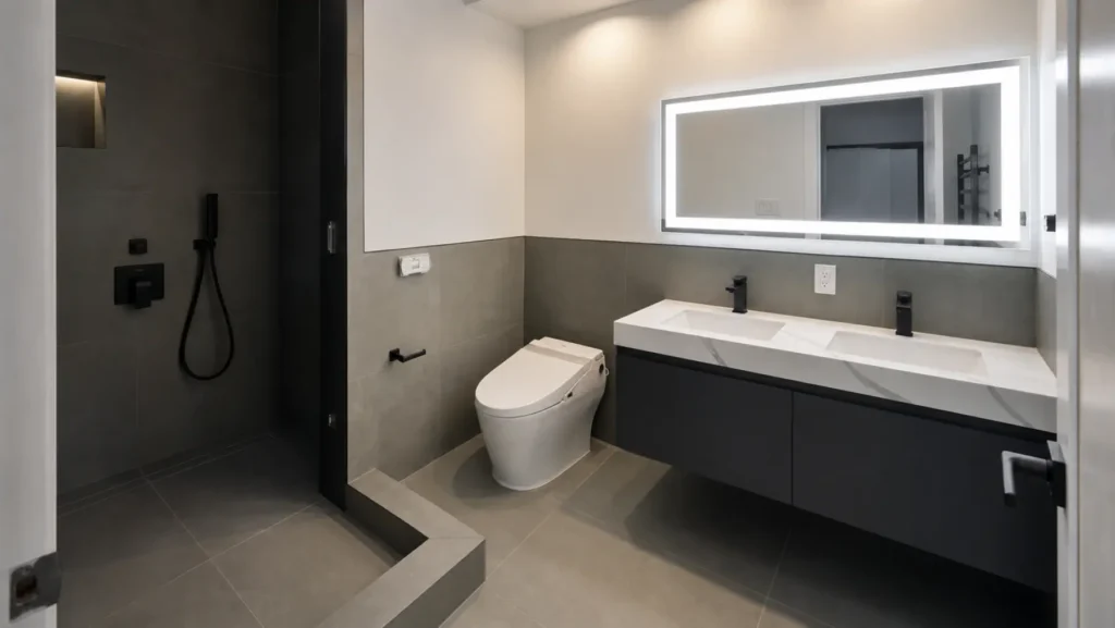 Completed Williamsburg bathroom with walk-in shower, floating double vanity, and matte-black fixtures