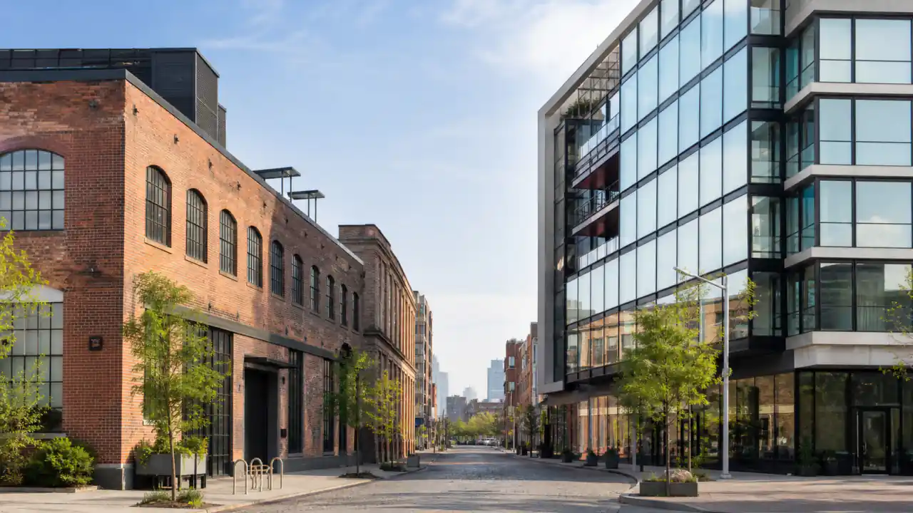 Williamsburg streetscape combining a converted brick industrial building and a modern glass condo