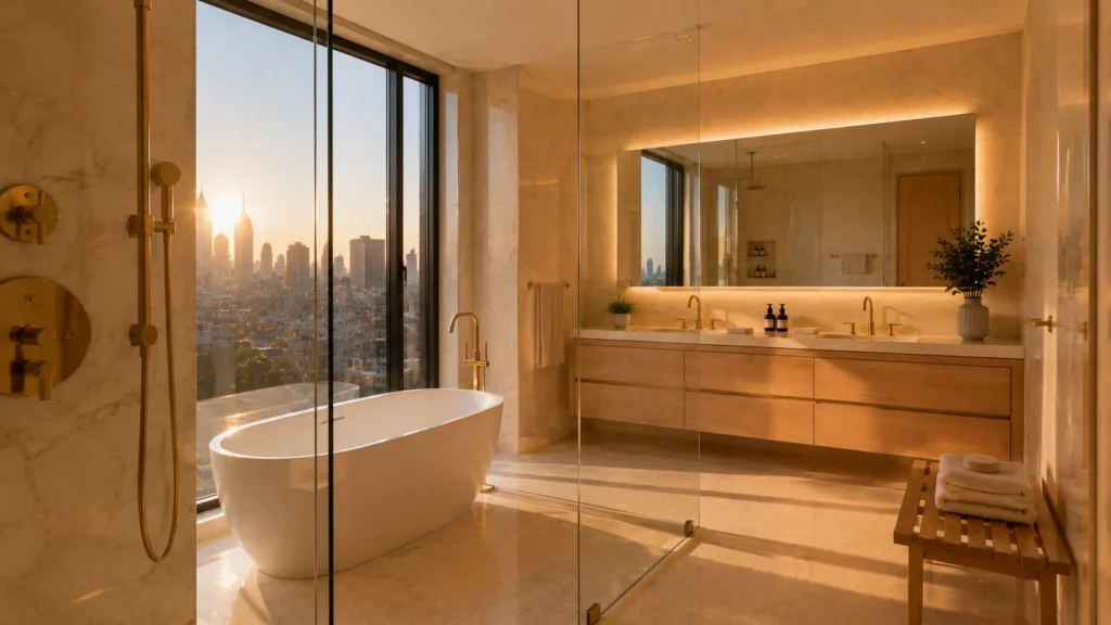 Freestanding soaking tub beside floor-to-ceiling windows overlooking the Manhattan skyline at sunset