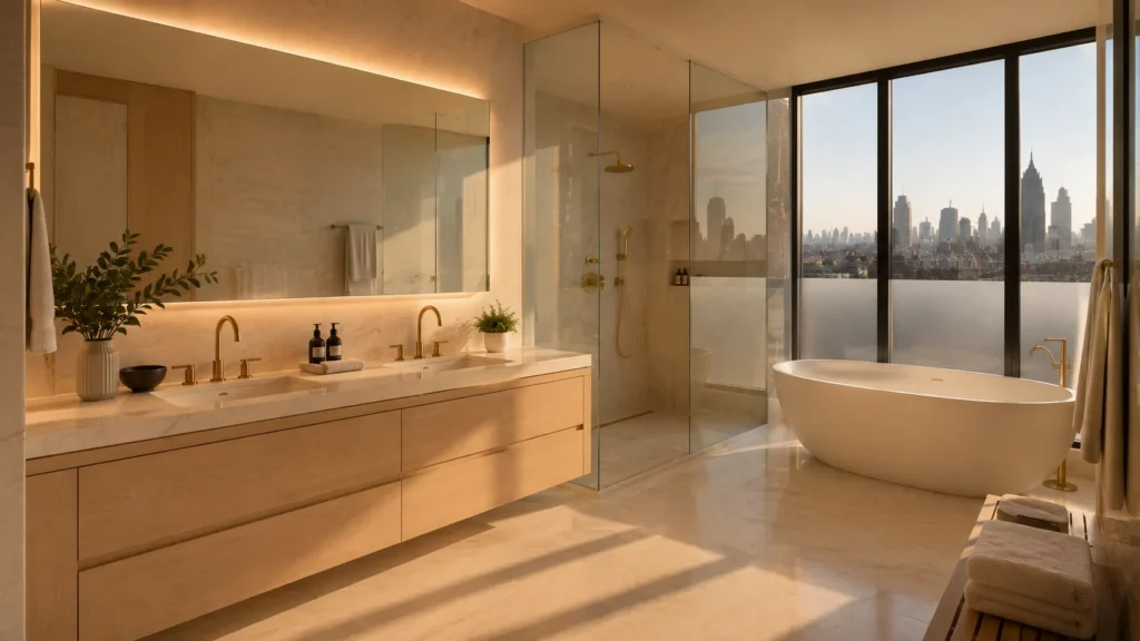 Luxury Manhattan penthouse bathroom with freestanding tub, glass shower, double vanity, and skyline view