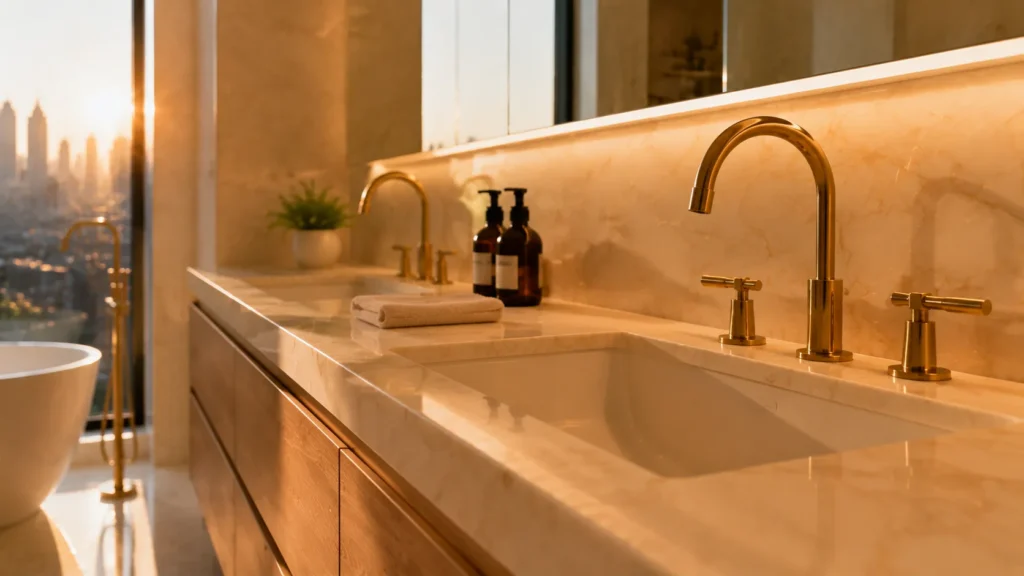 Close-up of a marble double vanity with brass faucets in a Manhattan penthouse bathroom at sunset