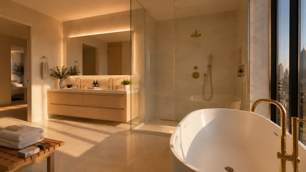 Penthouse bathroom double vanity and glass-enclosed shower with brass fixtures and city view