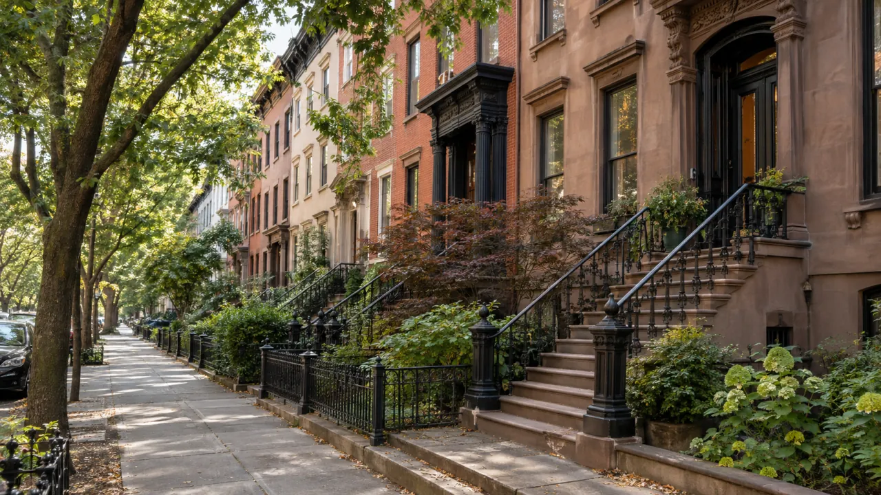 Representative brownstone row on a tree-lined street in Boerum Hill, Brooklyn