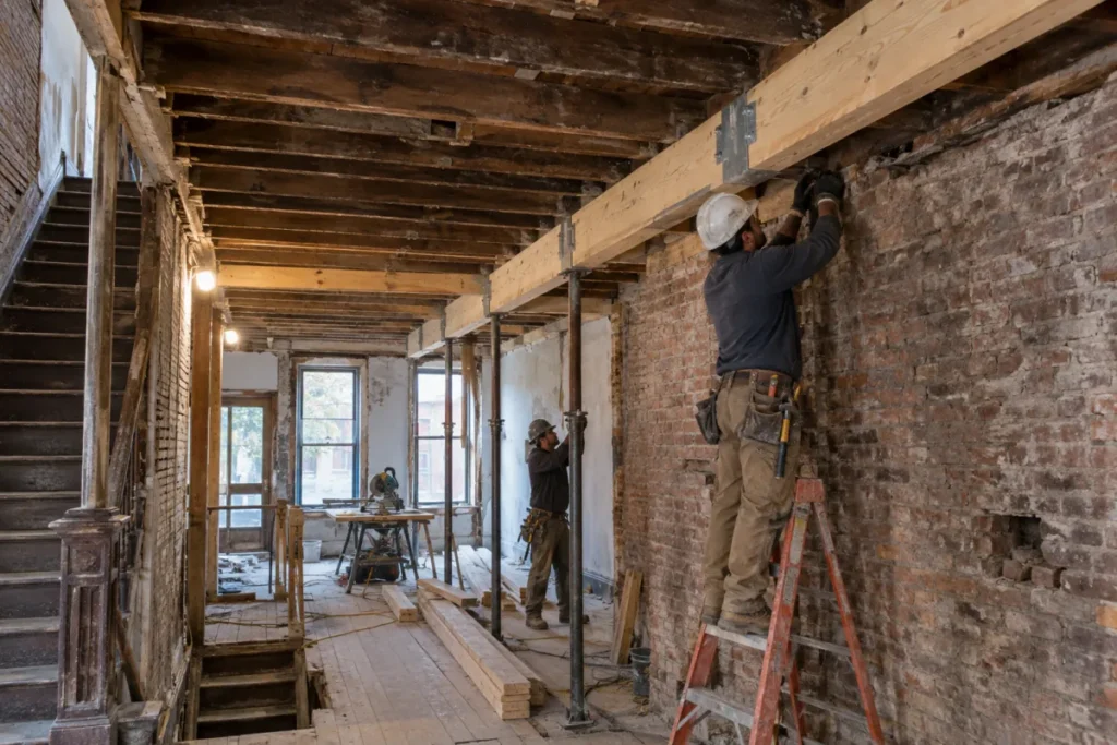 Representative structural floor-joist repair in a Boerum Hill rowhouse