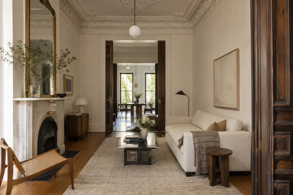 Representative restored Boerum Hill brownstone parlor with original architectural details