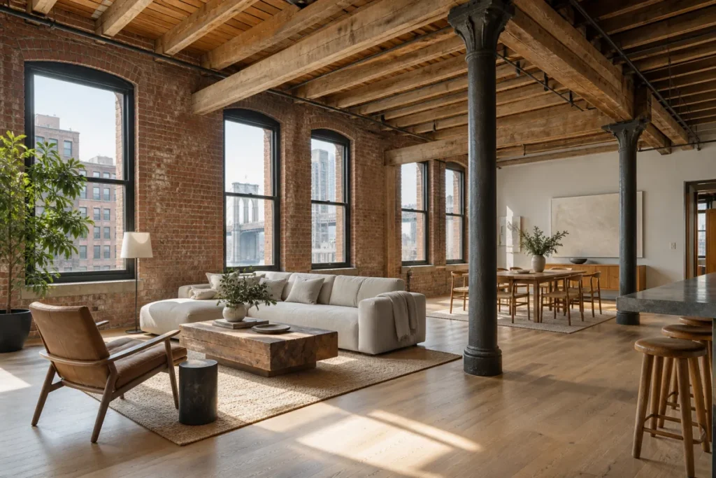 Representative renovated DUMBO loft with exposed industrial structure